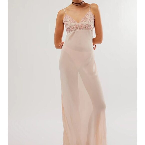 NWOT Intimately Free People Pink Beaded Midnight Magic Maxi Slip Sheer Dress XS - Picture 1 of 11